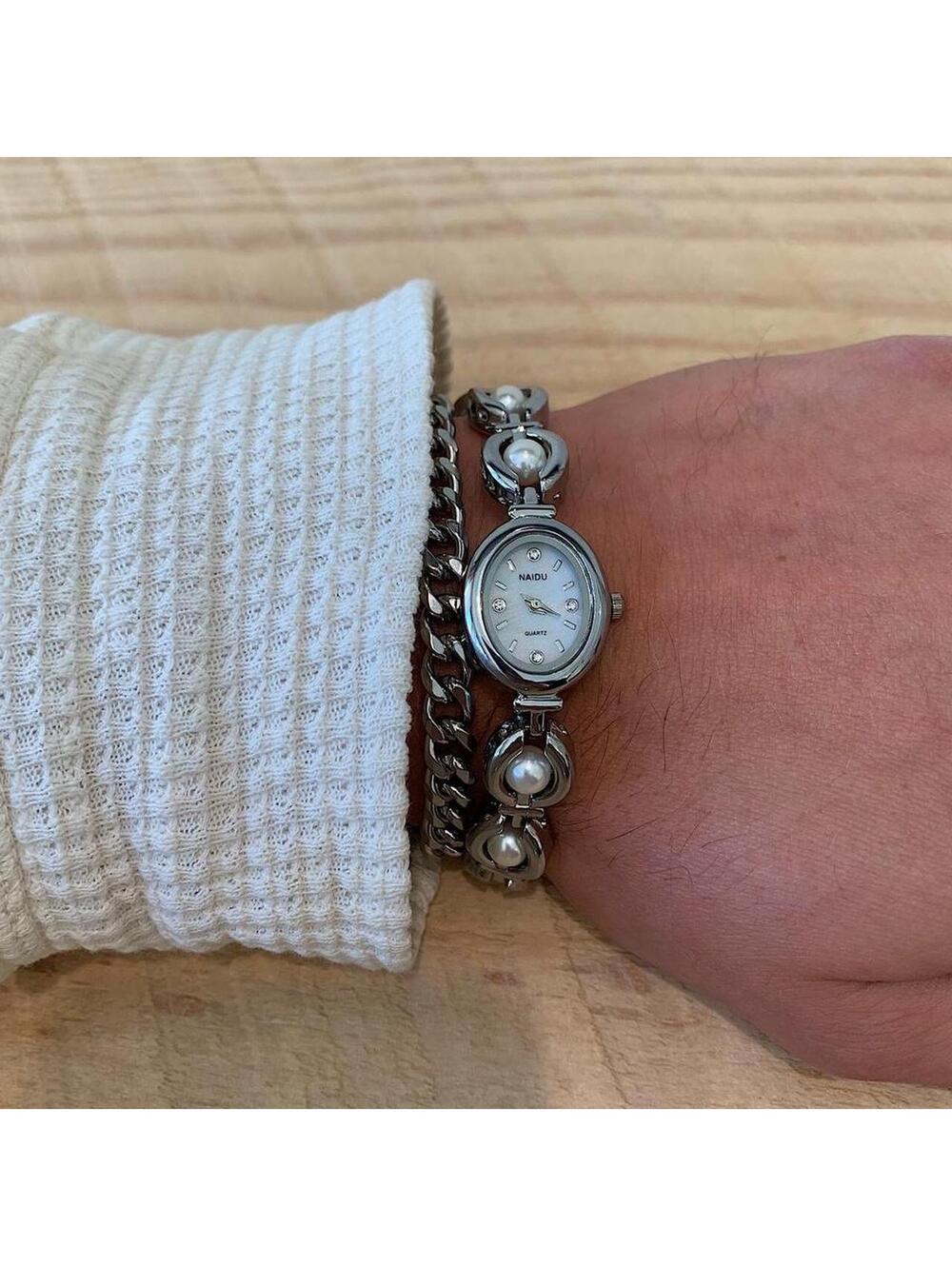 Luxury Y2K style Silver round stainless steel quartz pearl stone charm watch - Picture 4 of 8